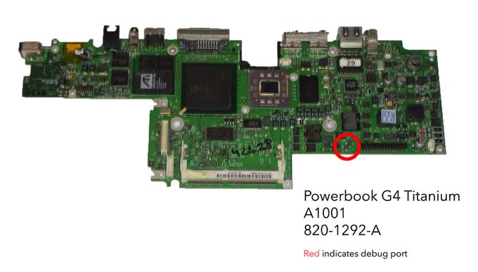Powerbook G4 17" A1101 logic board with debug port location indicated