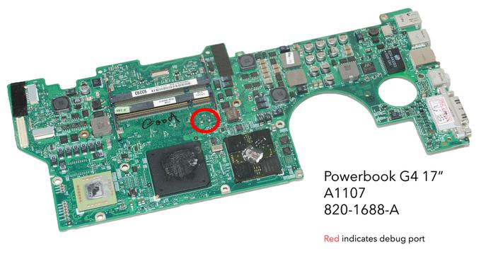 Powerbook G4 Titanium A1107 logic board with debug port location indicated